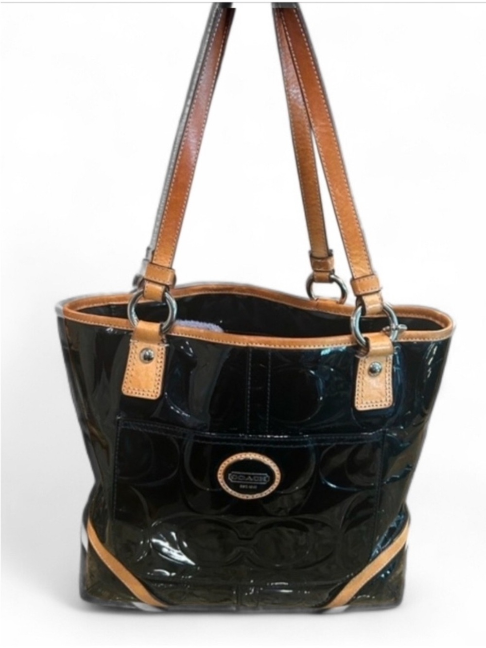 Coach Payton Black Embossed Patent Tote with Tan Leather Trim GUC